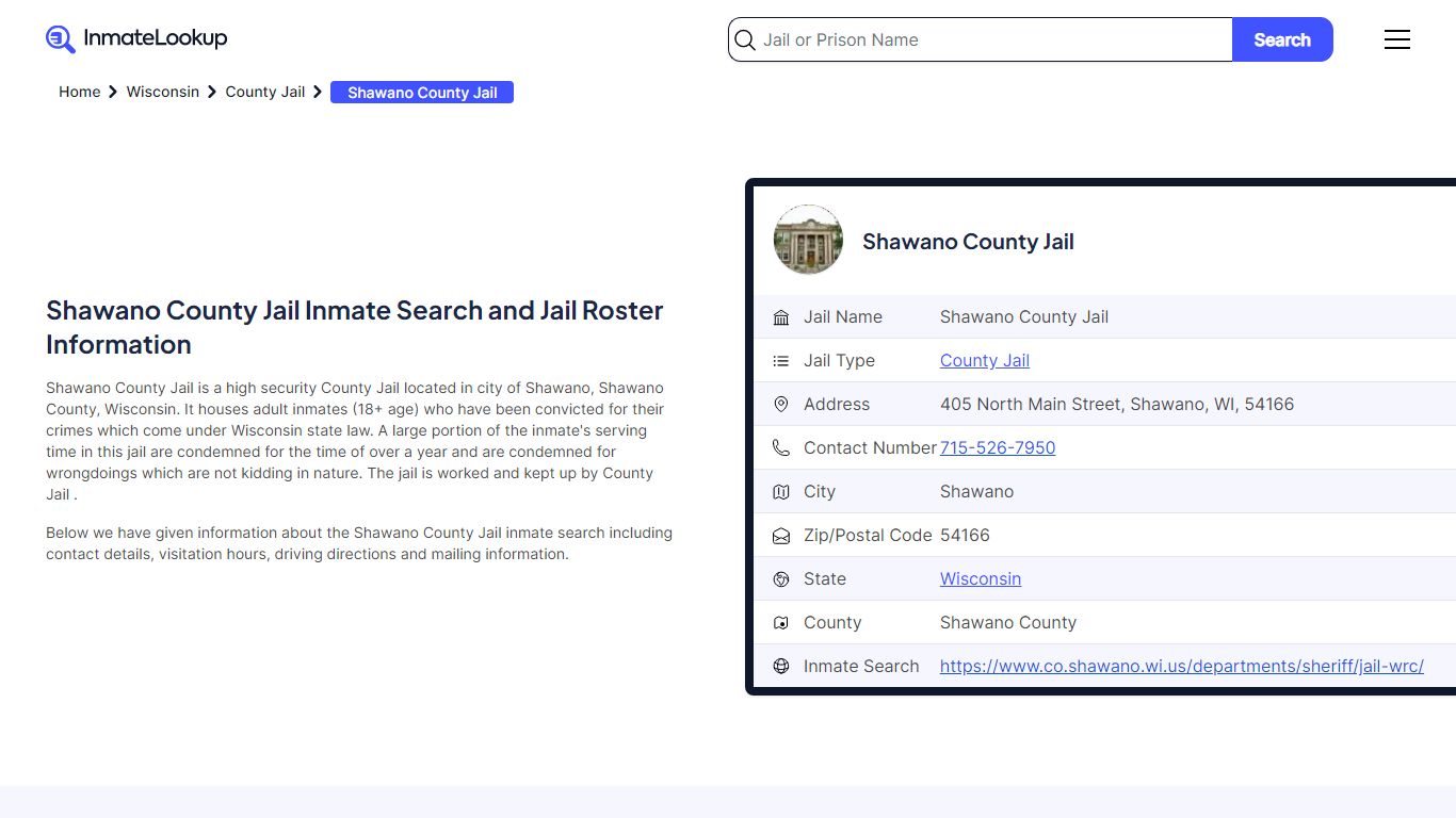 Shawano County Jail Inmate Search and Jail Roster Information